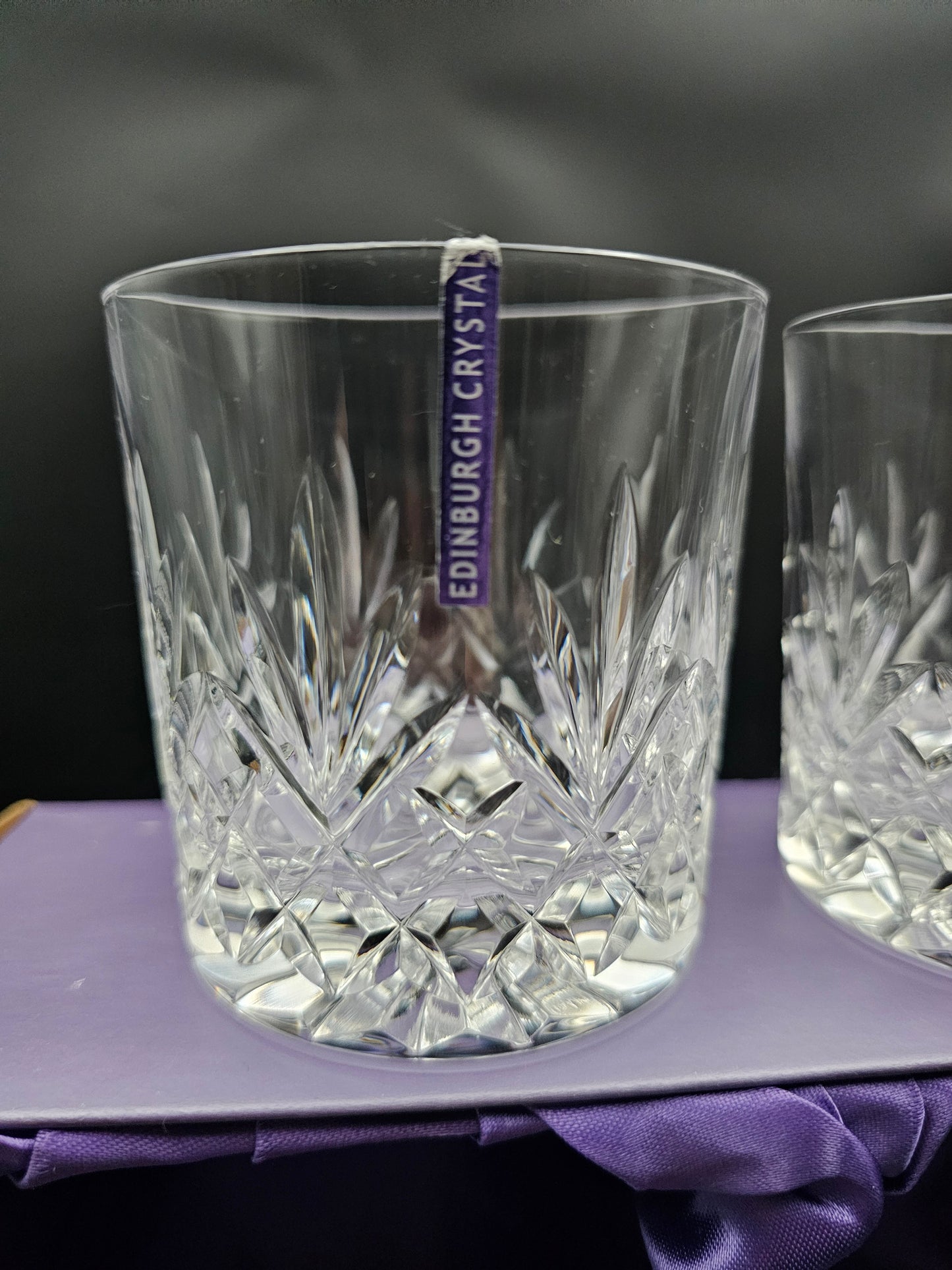 Pair of Edinburgh Crystal Tay Pattern 9oz Whisky Tumblers with lables Boxed