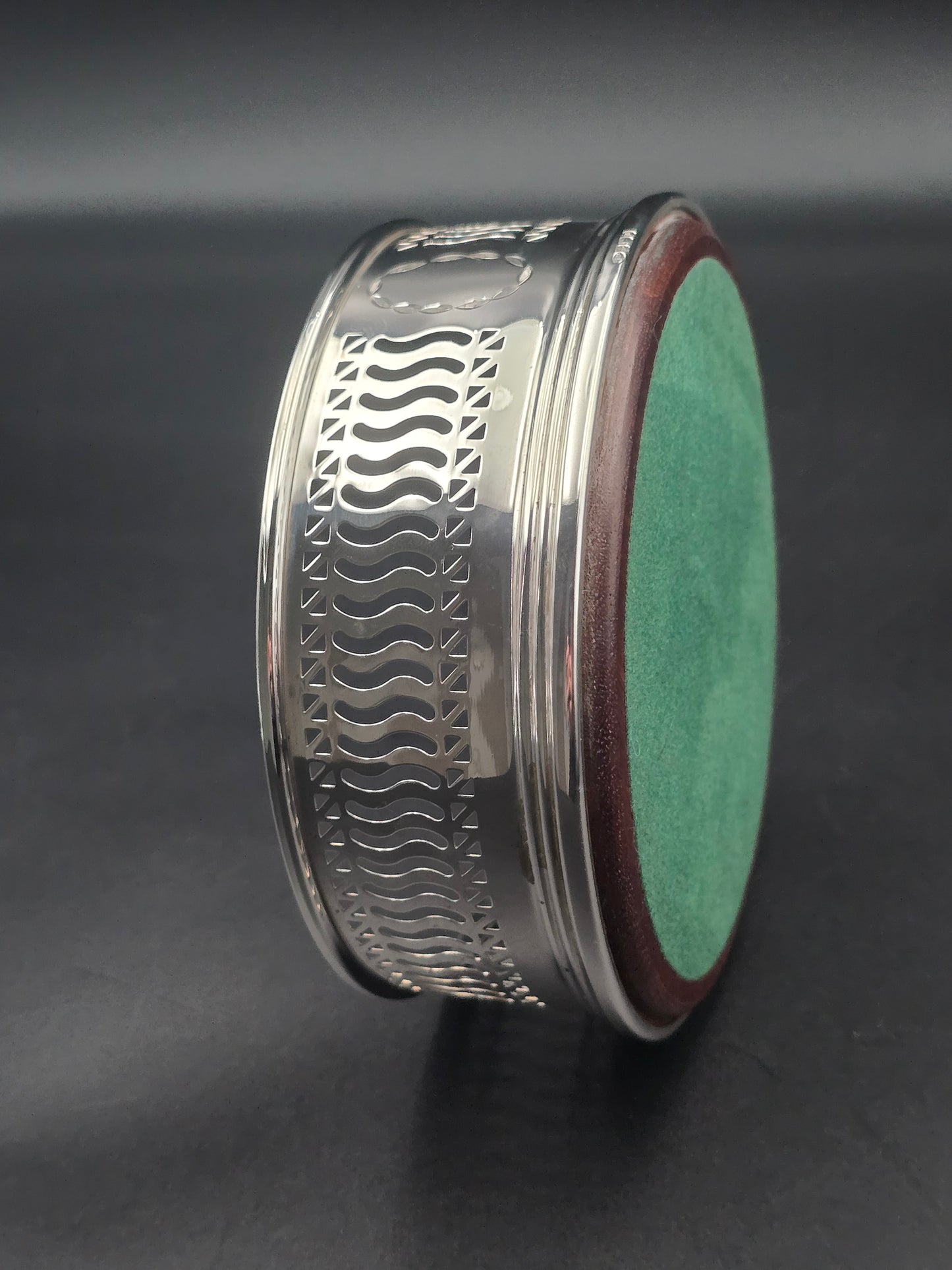 Antique Solid Silver Wine Bottle Coaster, Barker Brothers, Birmingham 1921, Wood Base & Felt Lining, Original Box