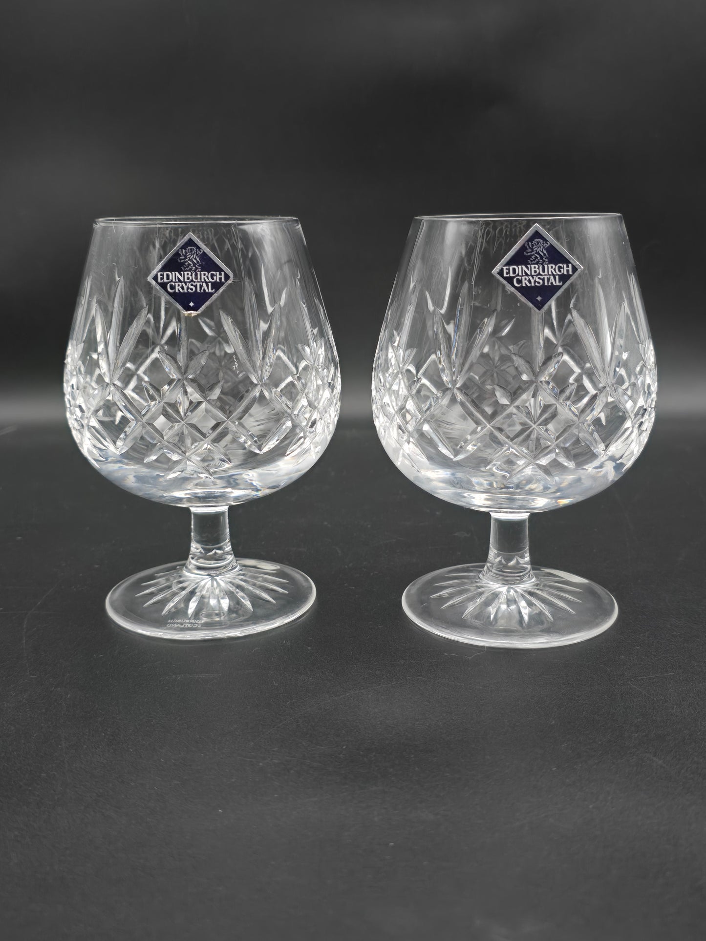 Pair of Edinburgh Crystal Lomond Pattern Crystal Brandy glasses 12oz