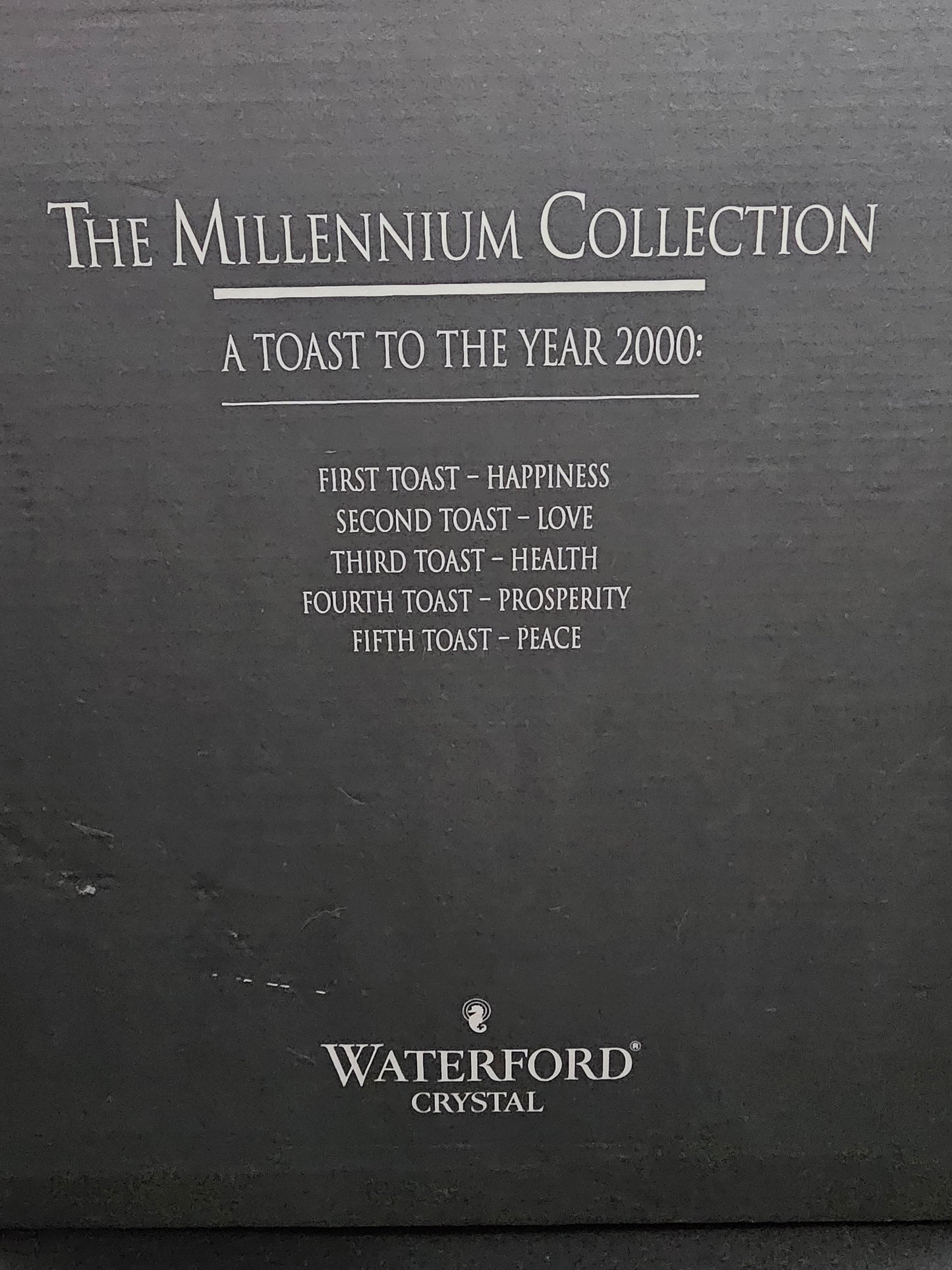 Waterford Crystal Champagne Pair of trumpet flutes.The Millennium Collection a toast to the year 2000.Third Toast Health. 23.5cm tall