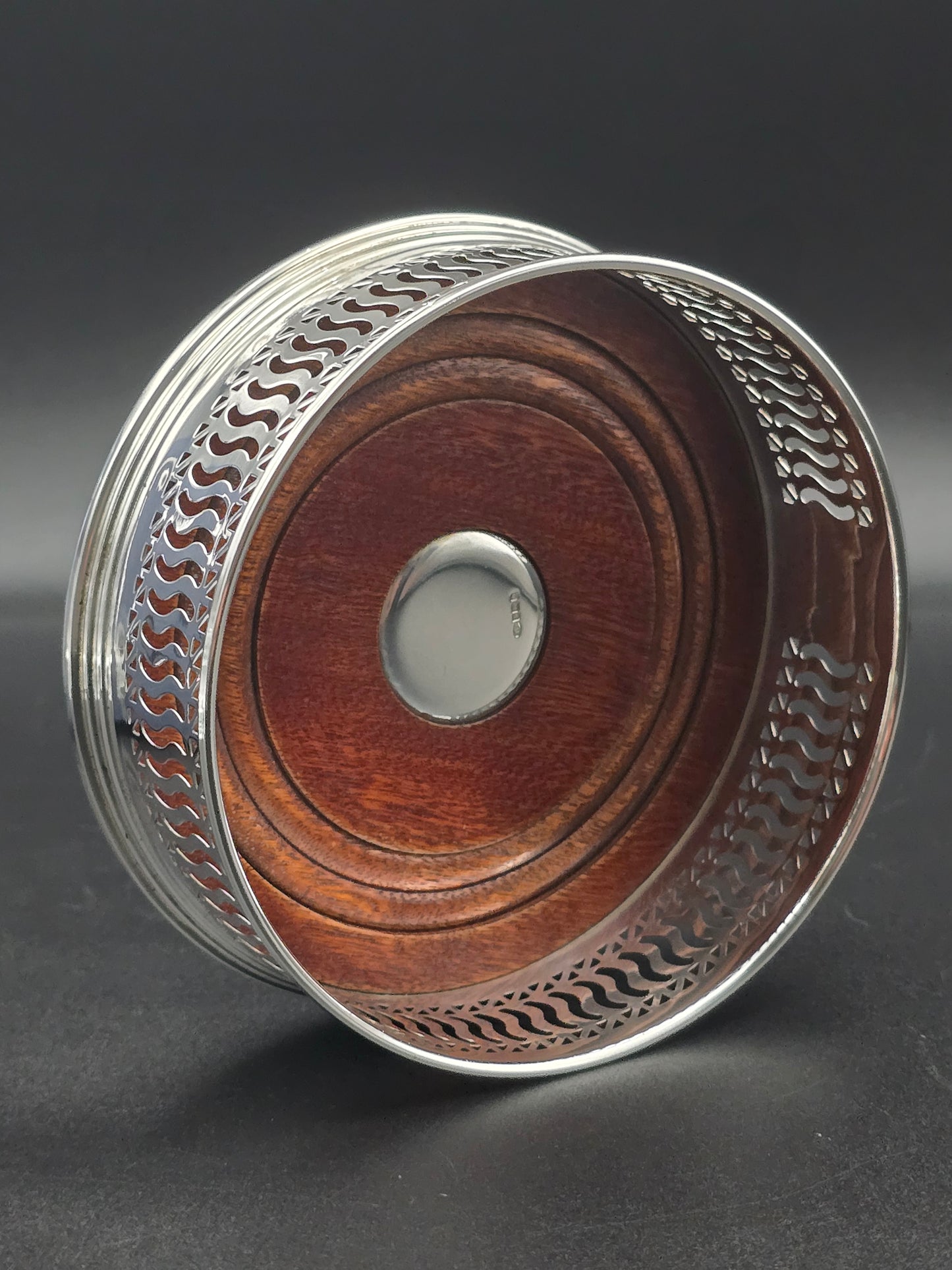 Antique Solid Silver Wine Bottle Coaster, Barker Brothers, Birmingham 1921, Wood Base & Felt Lining, Original Box