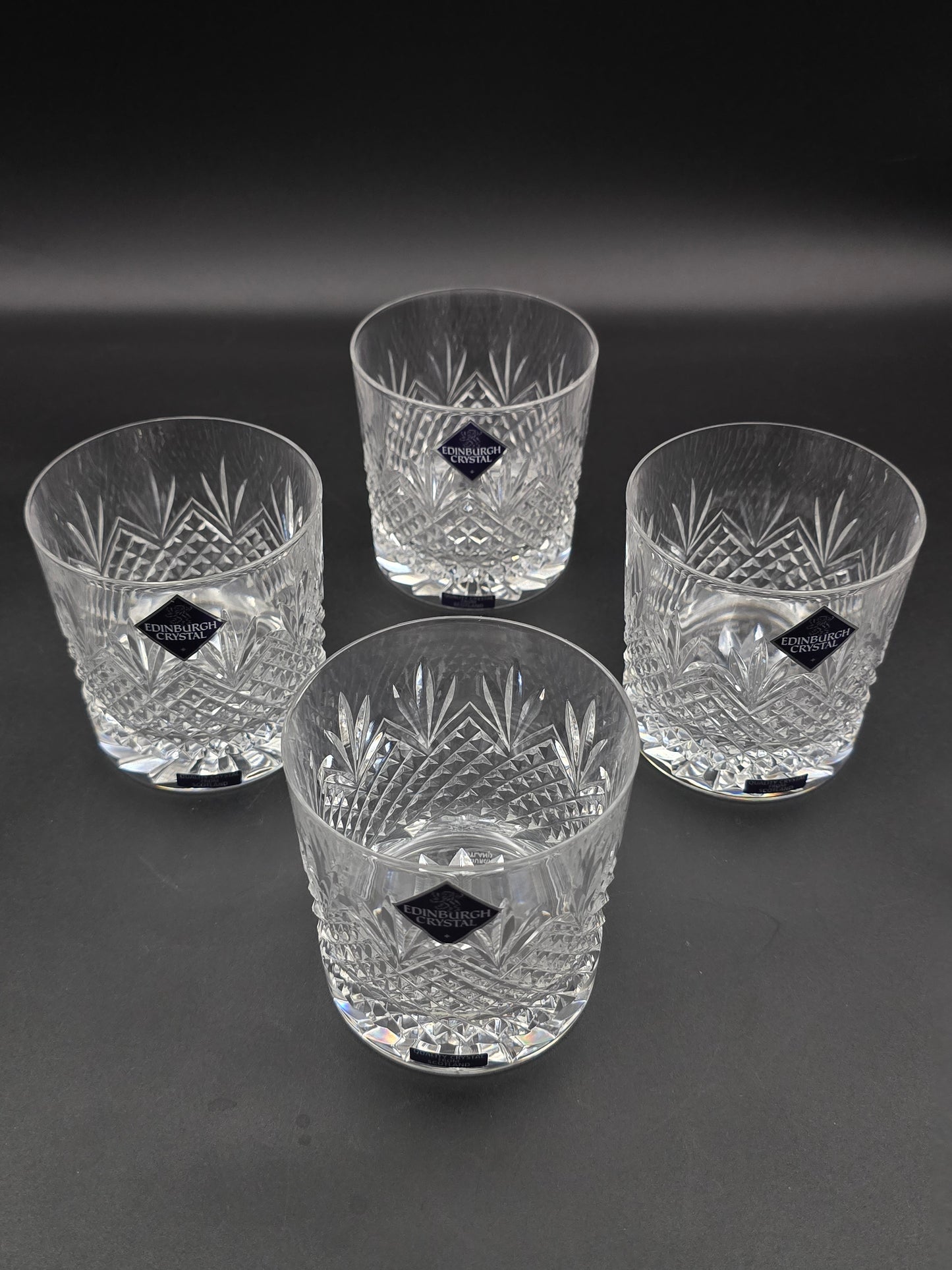 Set of 4 Edinburgh Crystal Tweed 9oz Tumblers – Boxed, Star Cut Base, Etched Mark, Made in Scotland
