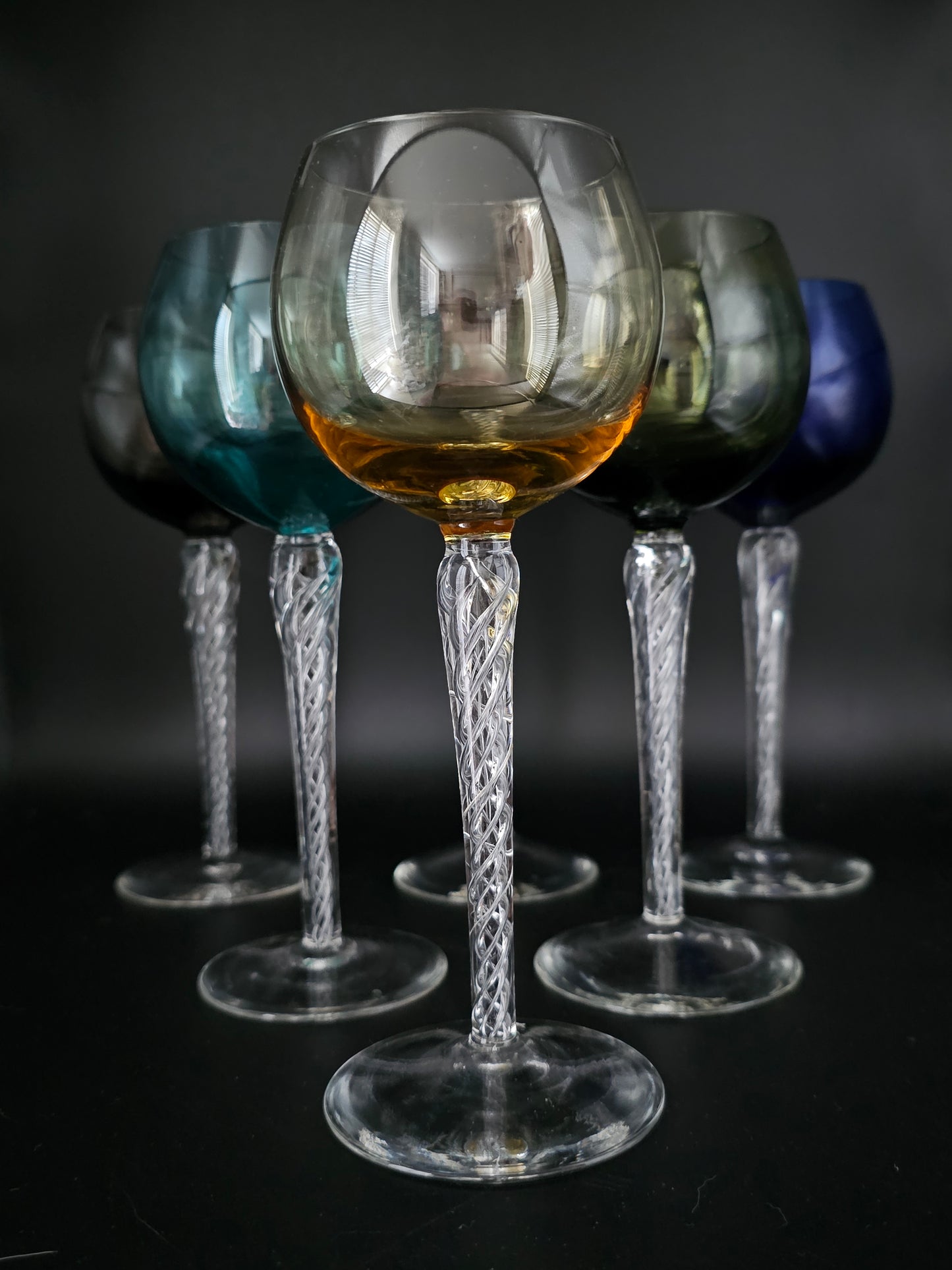 Set of 6 Coloured Air Twist Stem Coloured Crystal Hock Glasses. 250ml