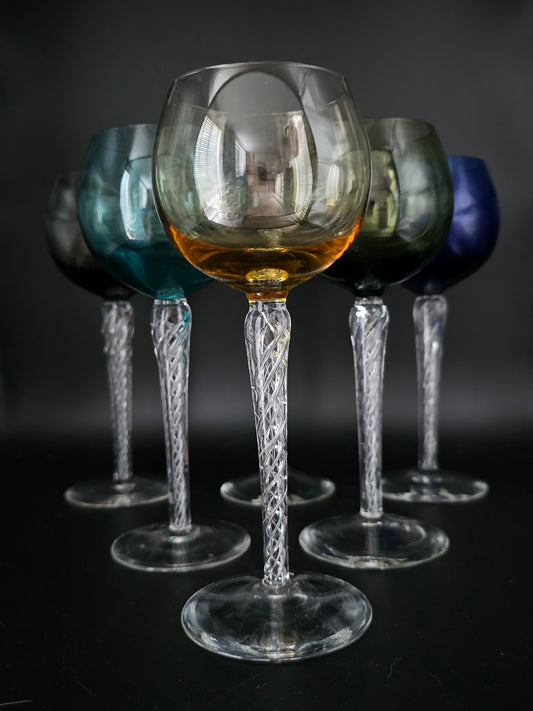 Set of 6 Coloured Air Twist Stem Coloured Crystal Hock Glasses. 250ml