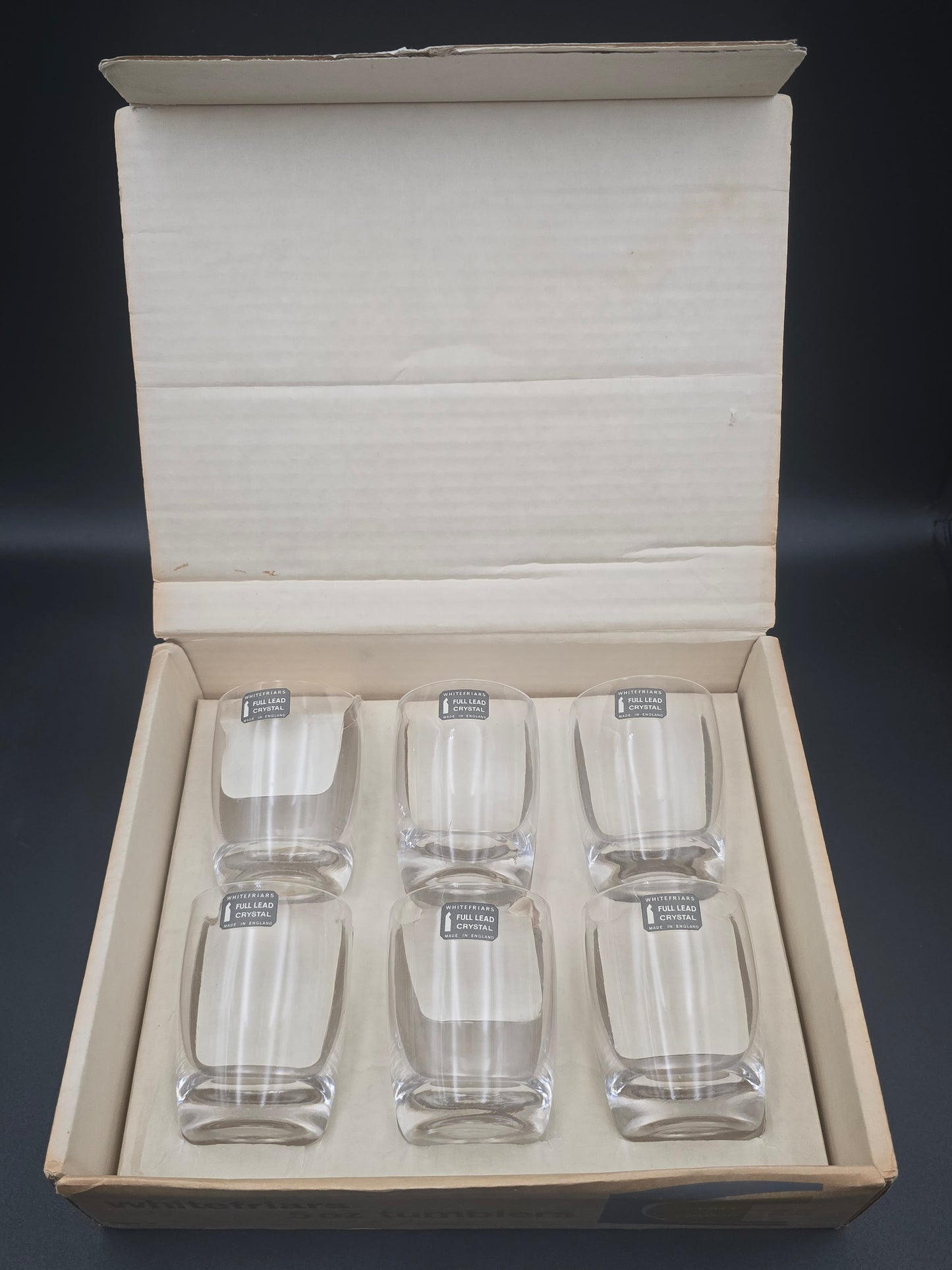 Vintage Boxed Set of 6 Whitefriars 5 oz Lead Crystal Tumblers – Original Stickers – Mid‑Century English Barware