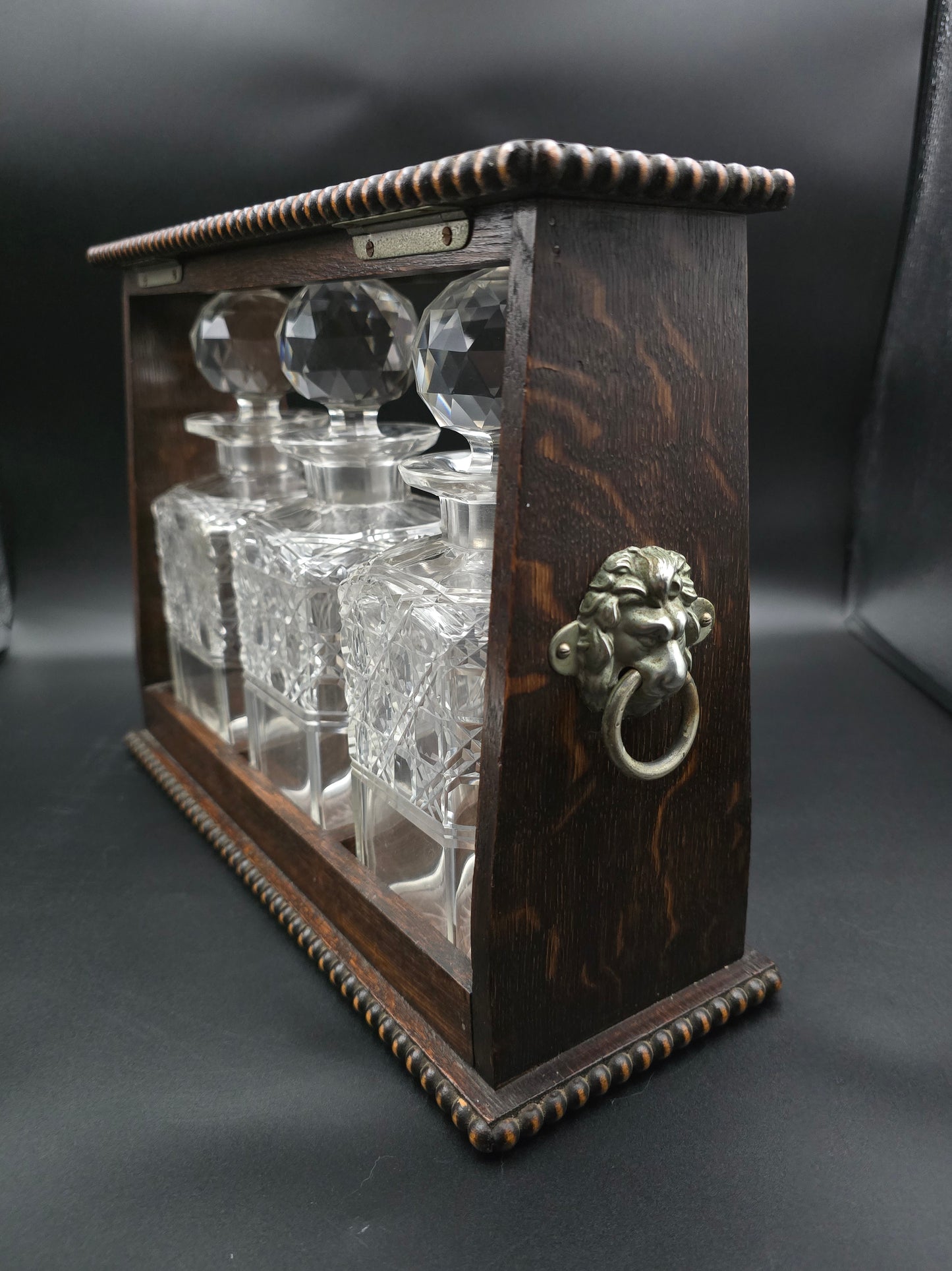 Antique Triple Decanter Tantalus Set with Lock & Key – Cut Crystal & Wooden Frame with Brass Lion Fittings – Excellent Condition