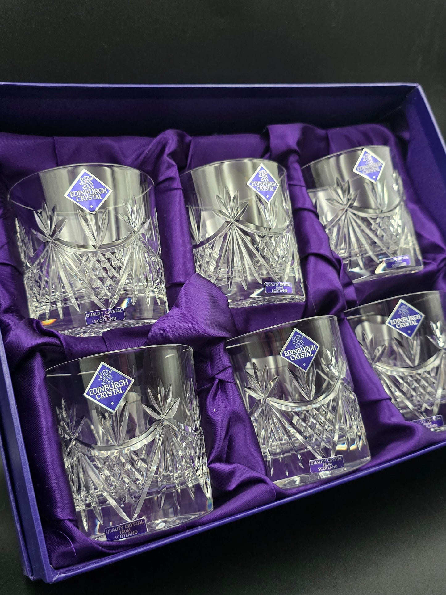 Set of 6 Edinburgh Crystal EDI41 Pattern Crystal Whisky Tumblers. 10oz. Boxed.