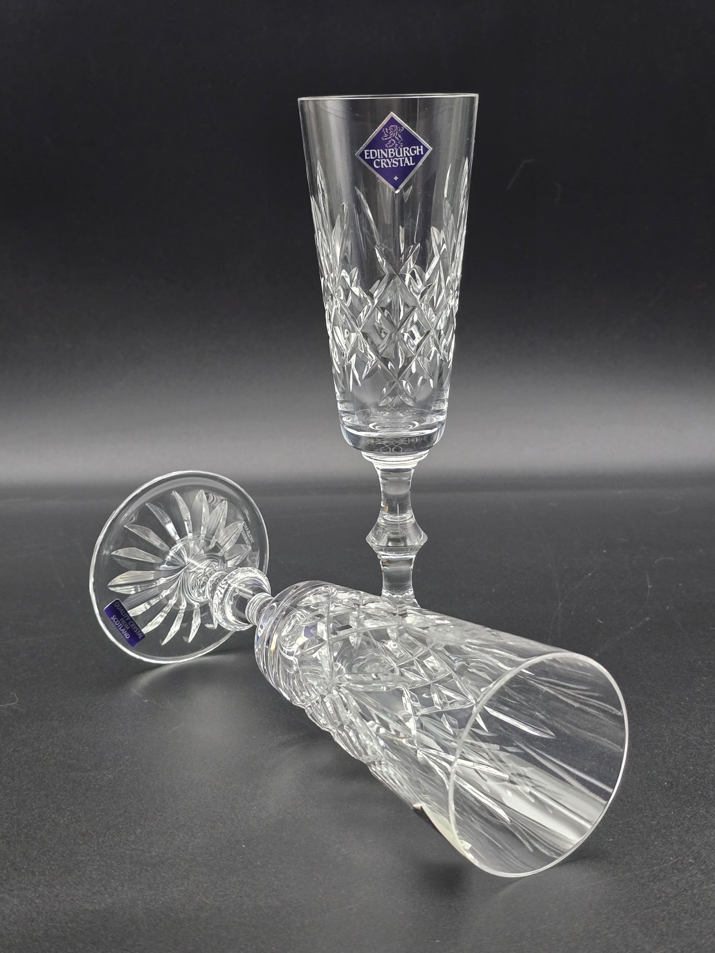 Pair of Edinburgh Crystal Lomond Pattern Crystal Champagne Flutes. 150ml. 19.5cm tall. Boxed.