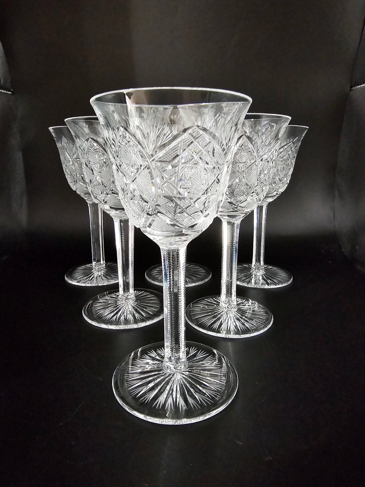 Vintage Set of Six Beautiful Czech Bohemian Clear Cut Crystal Wine or Sherry Glasses. 100ml. 14cm