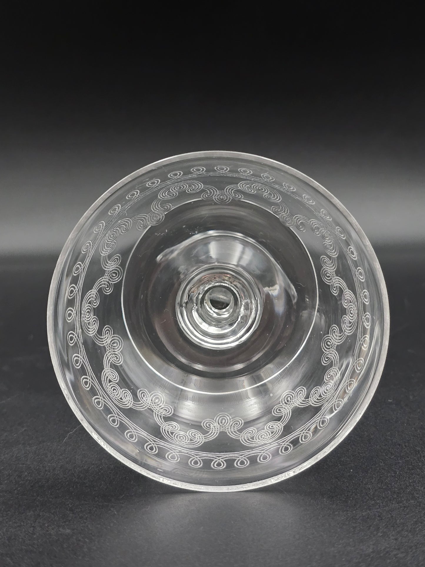 Set of 4 Edwardian Crystal Champagne Coupes – 200ml, Etched Swirl Design, Ball Stem, c.1900s