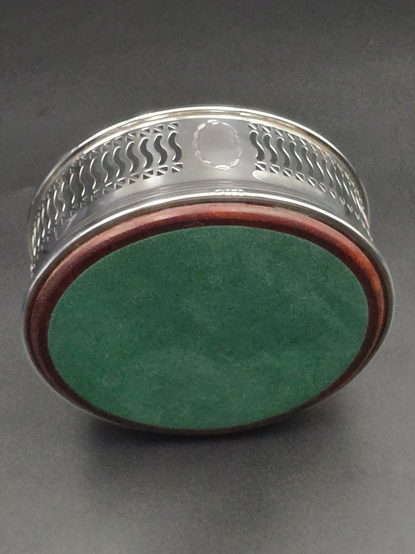 Antique Solid Silver Wine Bottle Coaster, Barker Brothers, Birmingham 1921, Wood Base & Felt Lining, Original Box