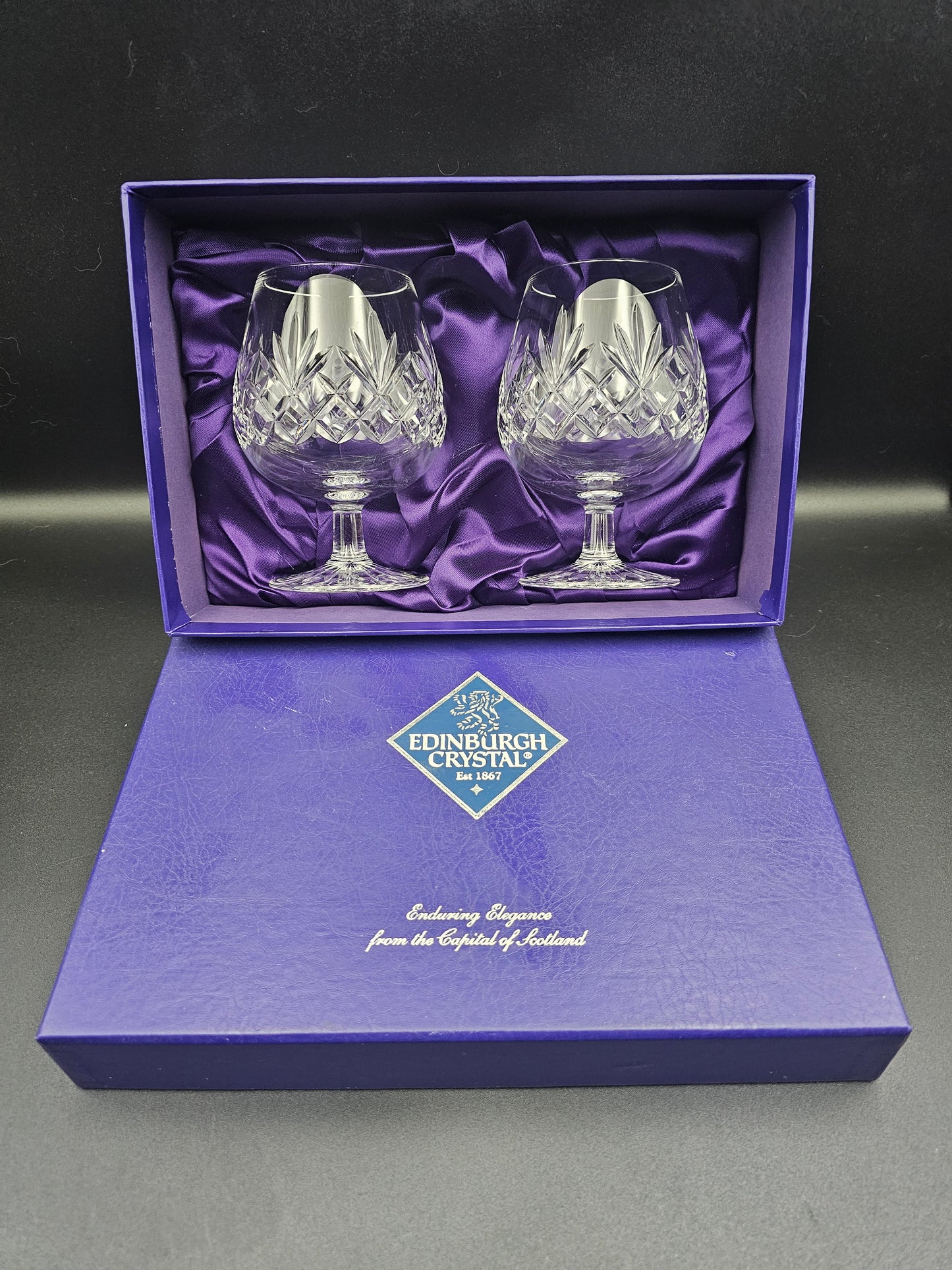 Pair of Edinburgh Crystal Tay Pattern Brandy Glasses 12oz boxed