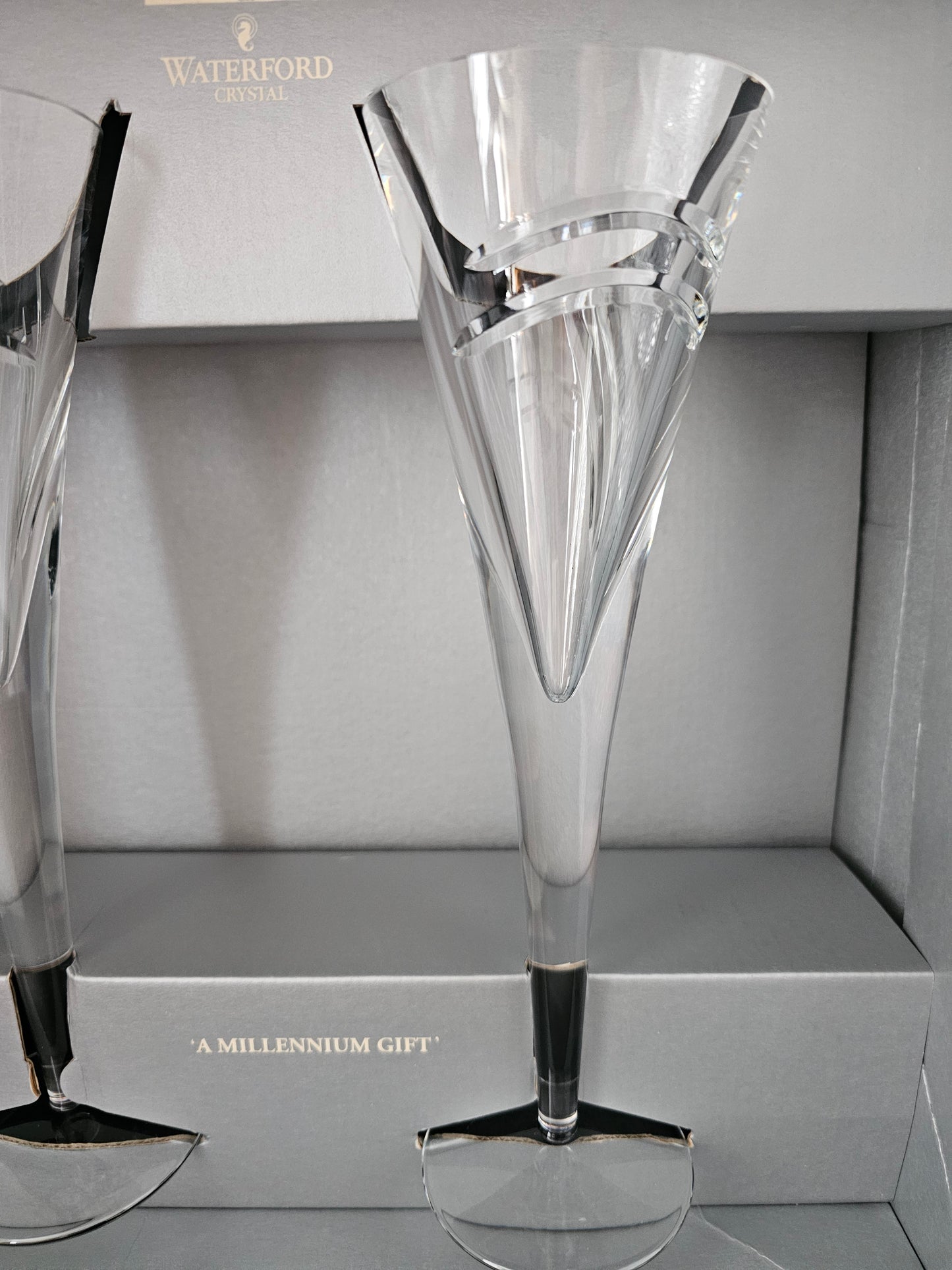 Waterford Crystal Limited Edition Champagne Flutes. John Rocha Millennium MM. Boxed.