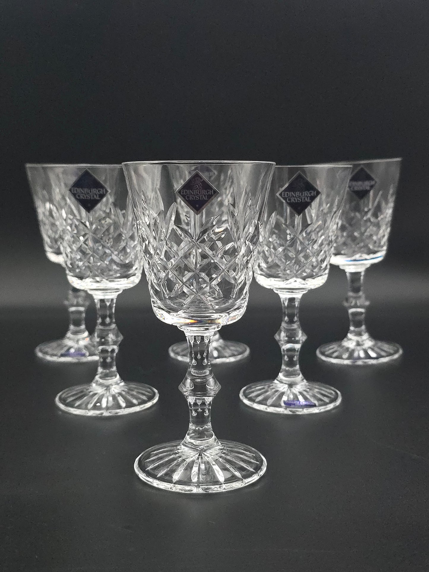 Set of 6 Edinburgh Crystal Lomond‑Pattern Port/Wine Glasses – Knopped Stem, Original Stickers & Box – 125 ml
