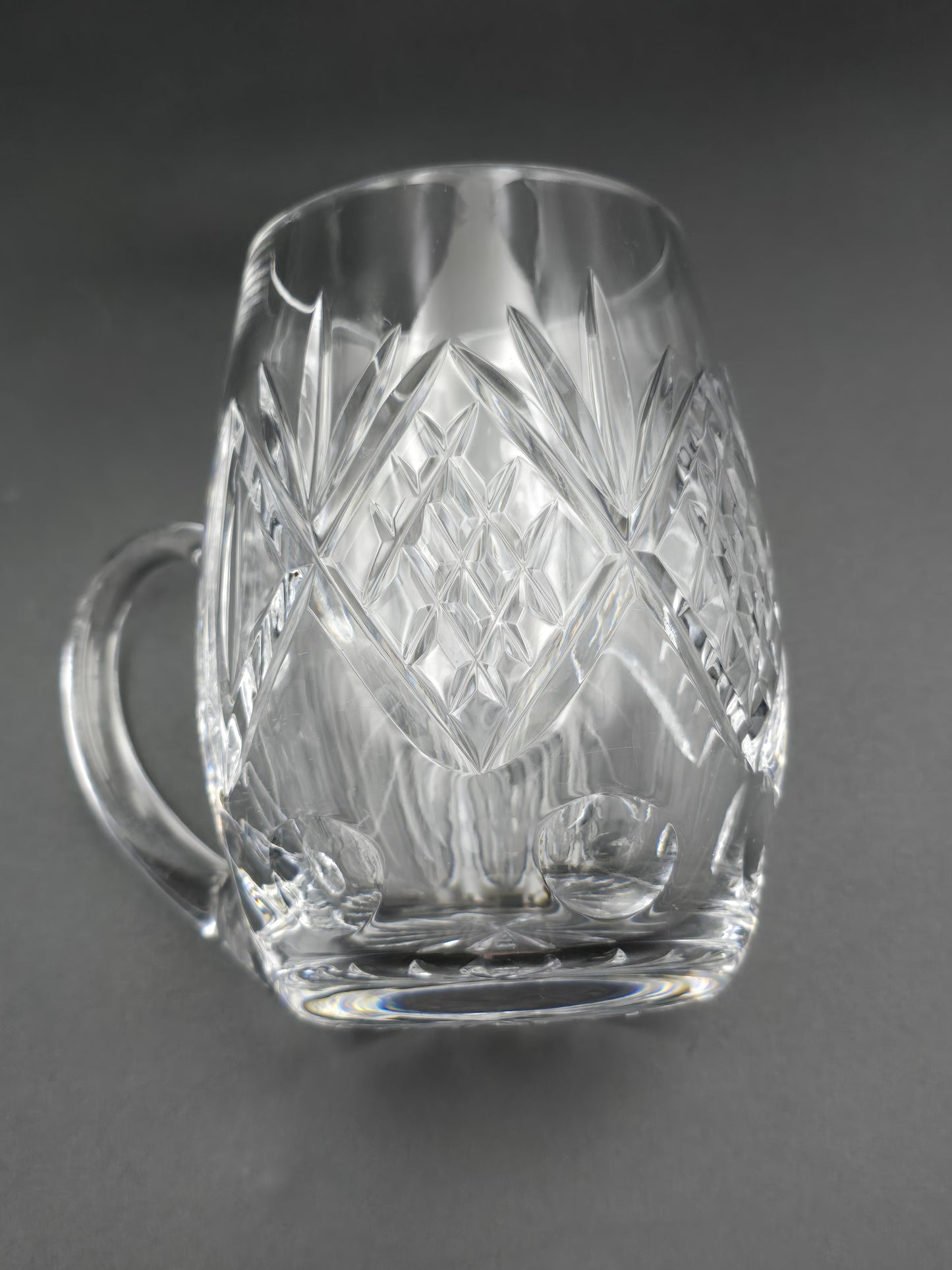 Vintage Oval Crystal Beer Tankard – Cut Glass with Star Base, Flutes & Cross Hatch – Heavy Unmarked Barware