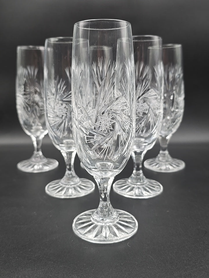 Set of 6 Pinwheel American Cut fluted Crystal Champagne Flutes. 200ml