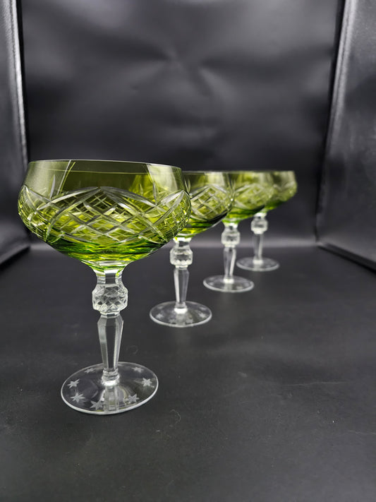 Set of 4 Overlay Green Crystal Coupe glasses