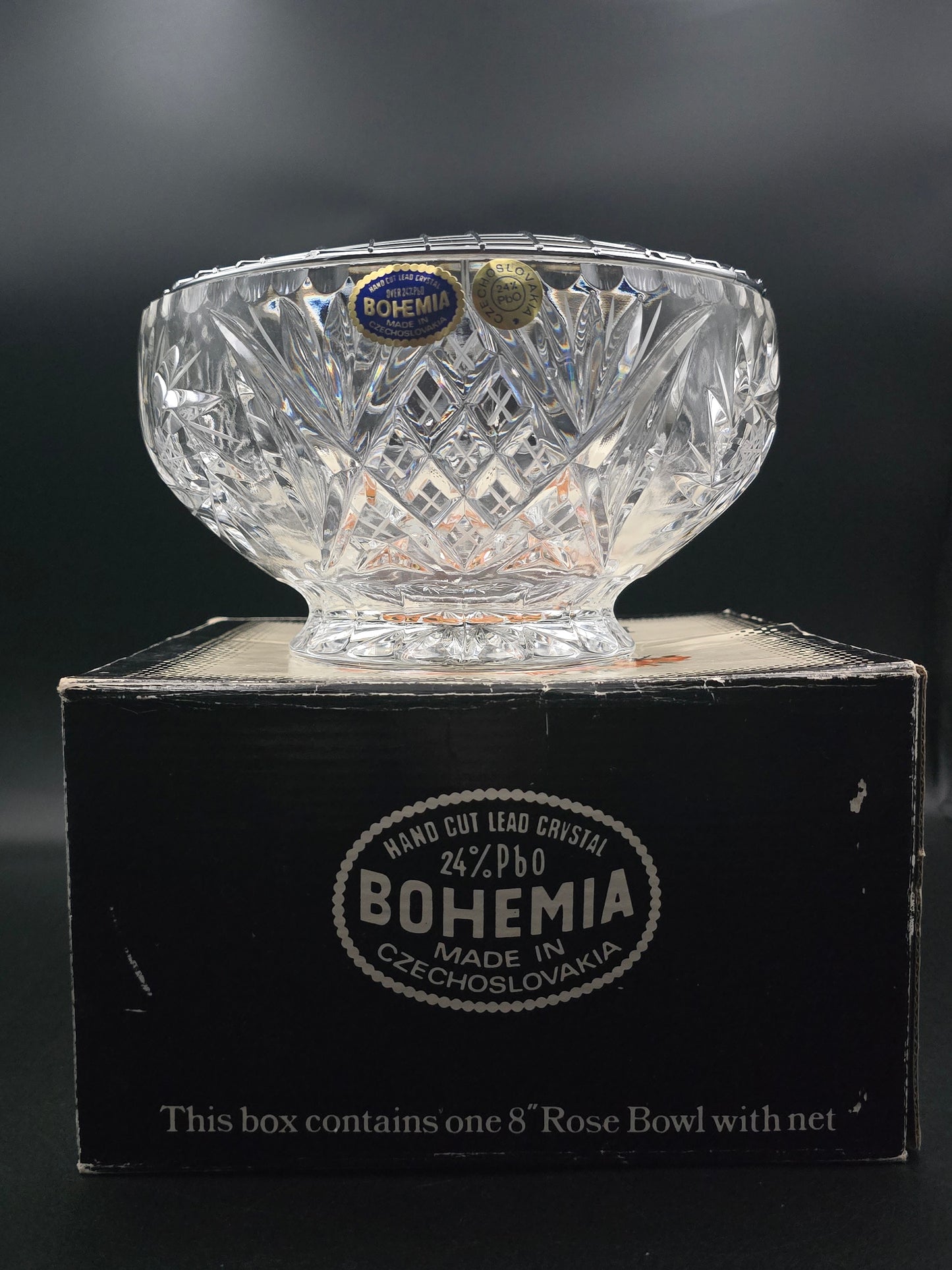 Large 8" Bohemian Lead Crystal Rose Bowl – 24% Hand-Cut Crystal, Heavy 1.8kg, Vintage Czech Centrepiece Vase