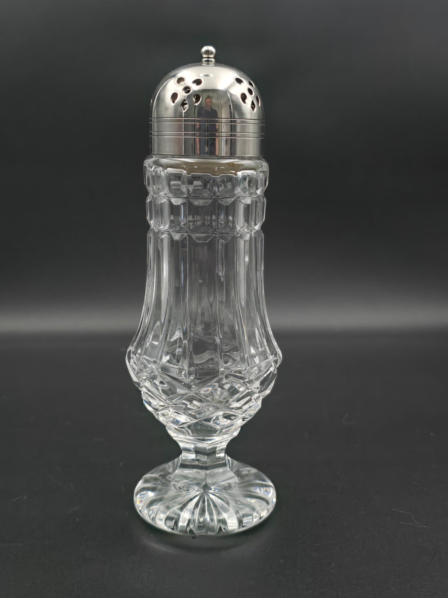 Large Vintage cut glass sugar shaker. 20cm tall.