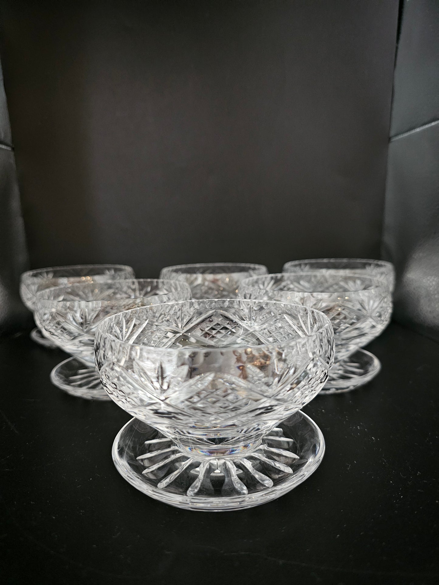 Set of 6 Royal Doulton Georgian Pattern Crystal Starter or Dessert dishes with lipped saucers.