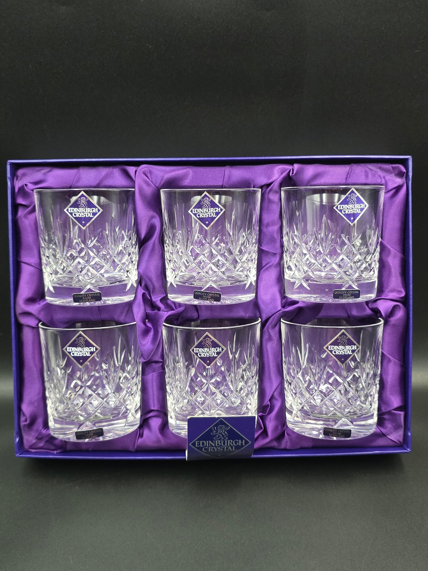 Set of 6 Vintage Edinburgh Crystal Lomond Pattern Crystal whisky tumblers. Boxed. 7oz