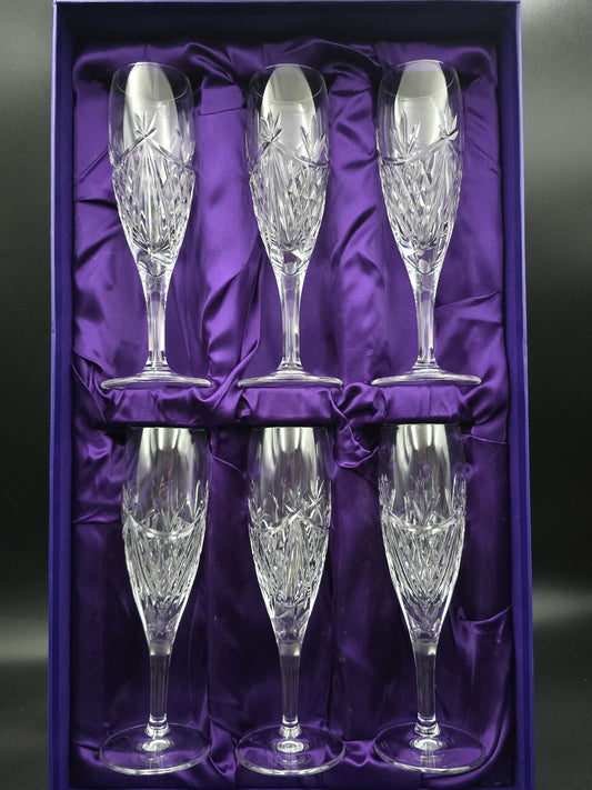 Set of 6 Edinburgh Crystal Beauly Pattern Champagne Flutes – 20 cm, 175 ml, Boxed, Made in Scotland