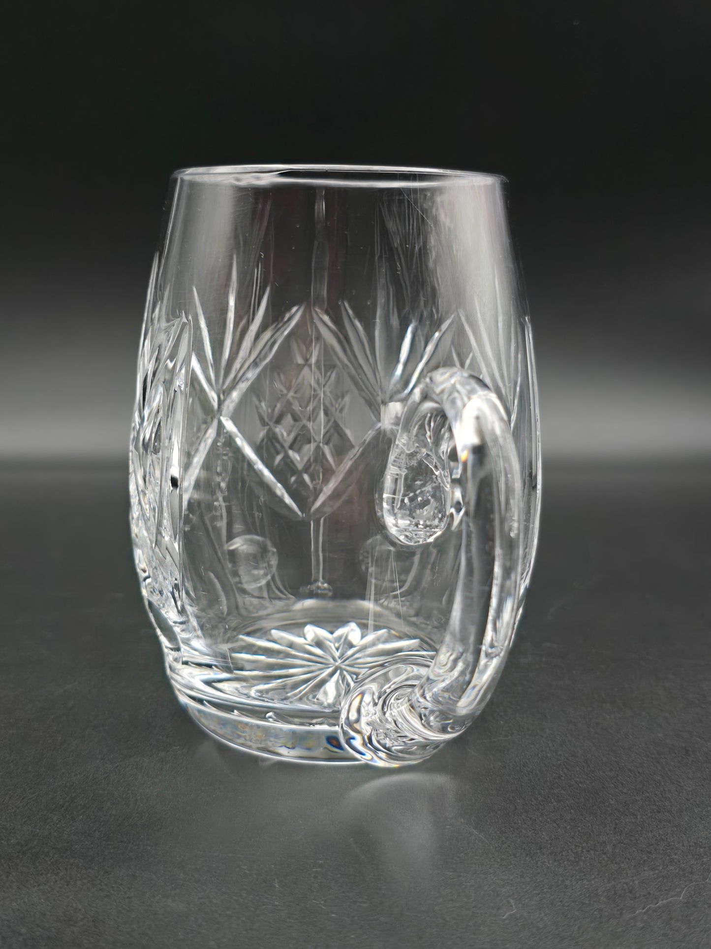 Vintage Oval Crystal Beer Tankard – Cut Glass with Star Base, Flutes & Cross Hatch – Heavy Unmarked Barware