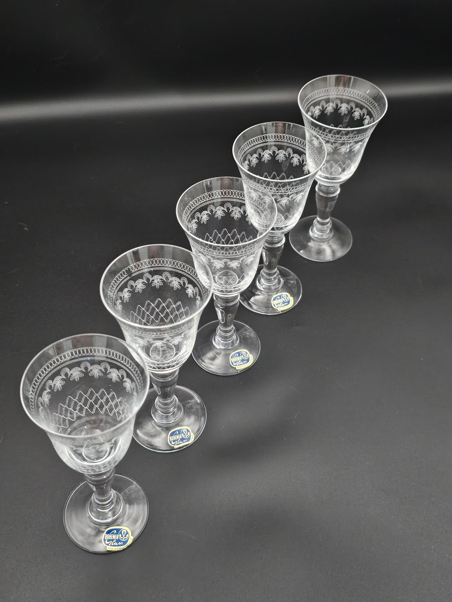 5 Vintage Bohemian Pall Mall pattern liqueur or Sherry glasses. 100ml