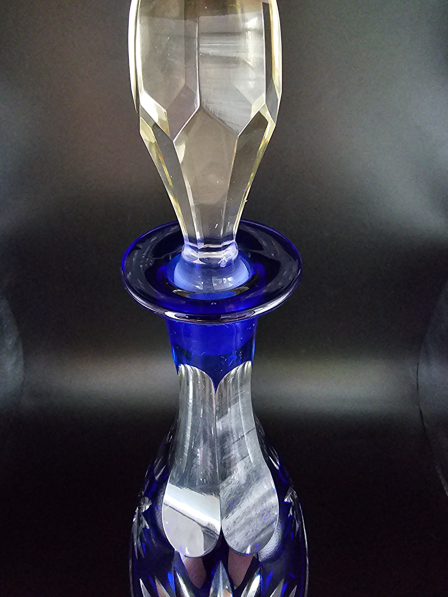 Cobalt Blue Cut to Clear Crystal Bohemian Decanter. 39cm