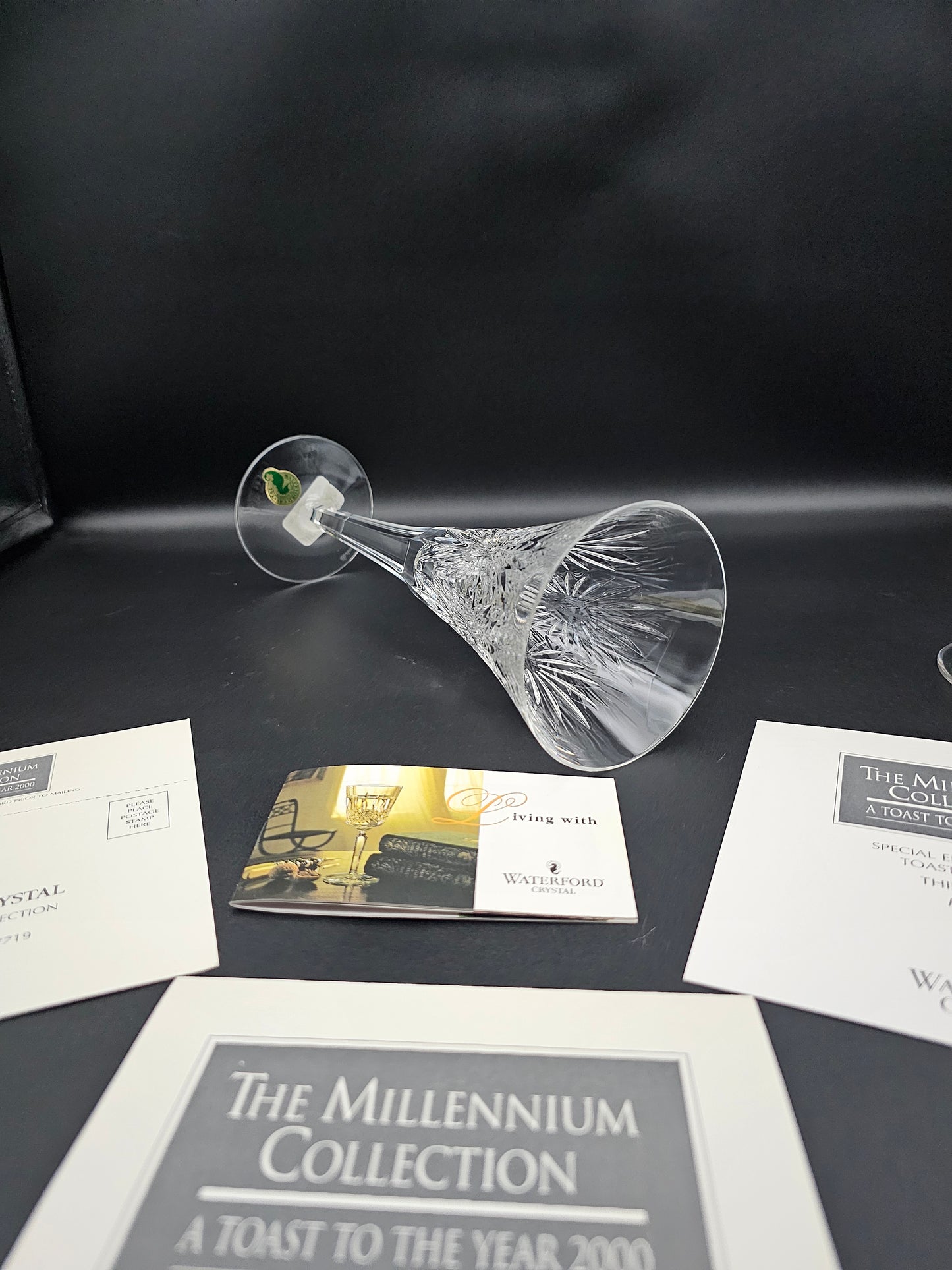 Waterford Crystal Champagne Pair of trumpet flutes.The Millennium Collection a toast to the year 2000.Third Toast Health. 23.5cm tall