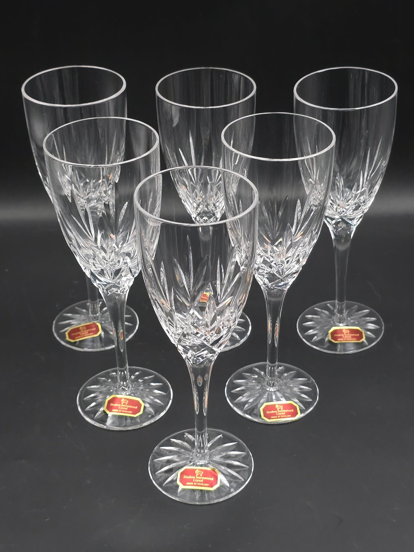 Set of 6 Royal Doulton International Crystal Champagne Flutes. Boxed 150ml.  18.5cm tall.