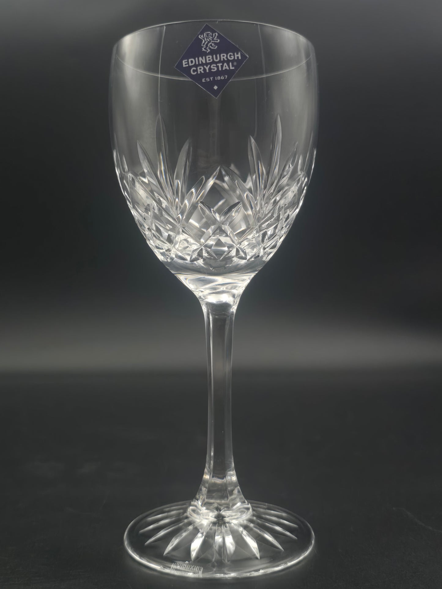 Set of 6 Edinburgh Crystal Tay Wine Glasses 275ml – Boxed, Unused, With Stickers – Textured Stem, Star Cut Base – 19cm Tall