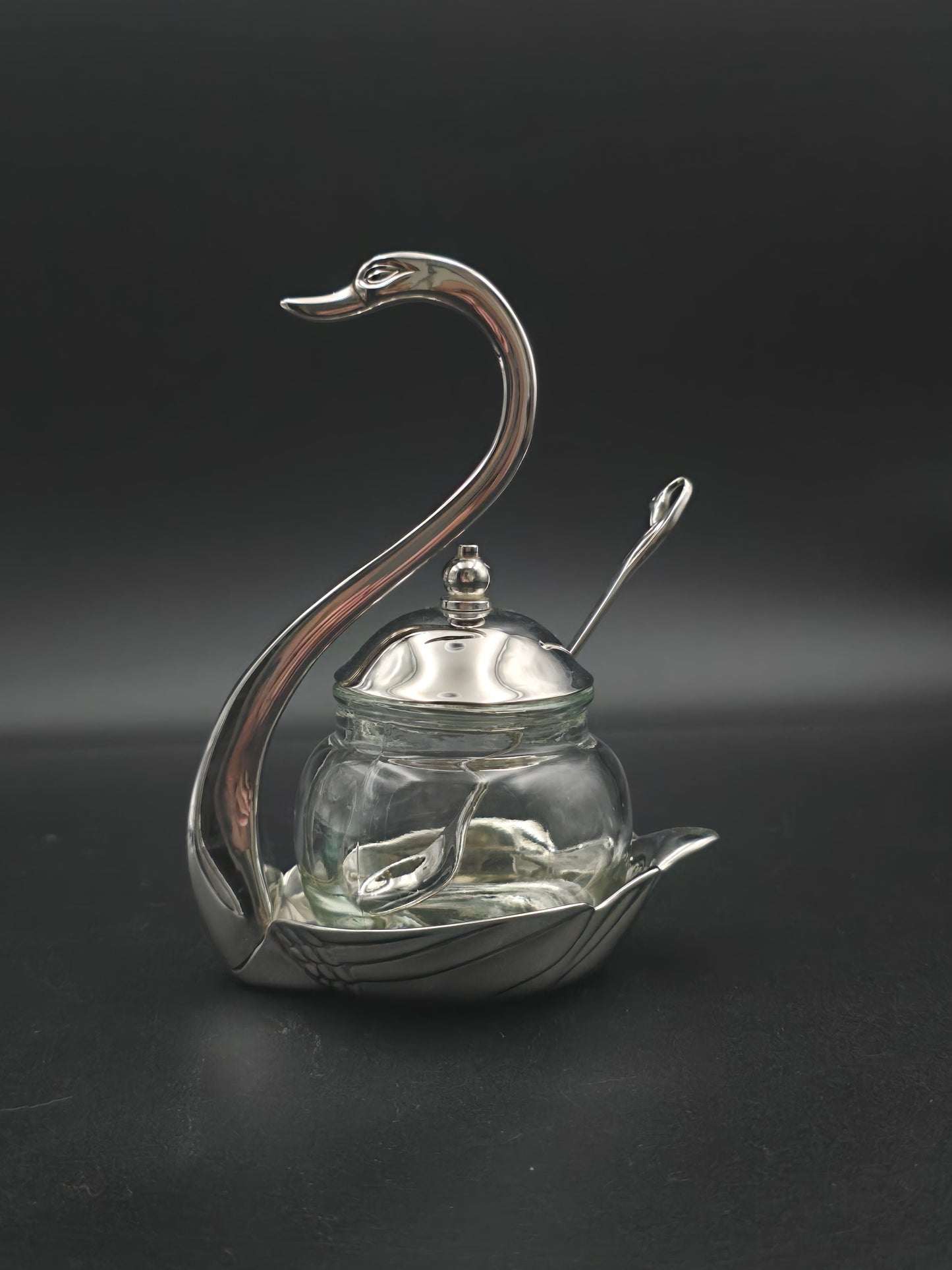 Vintage Chrome Swan Sugar Bowl with Spoon – Glass Insert – Art Deco Style Condiment Dish