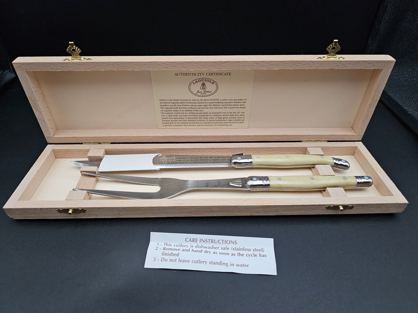 Laguiole Carving set in wooden box. Jean Dubost France. New.