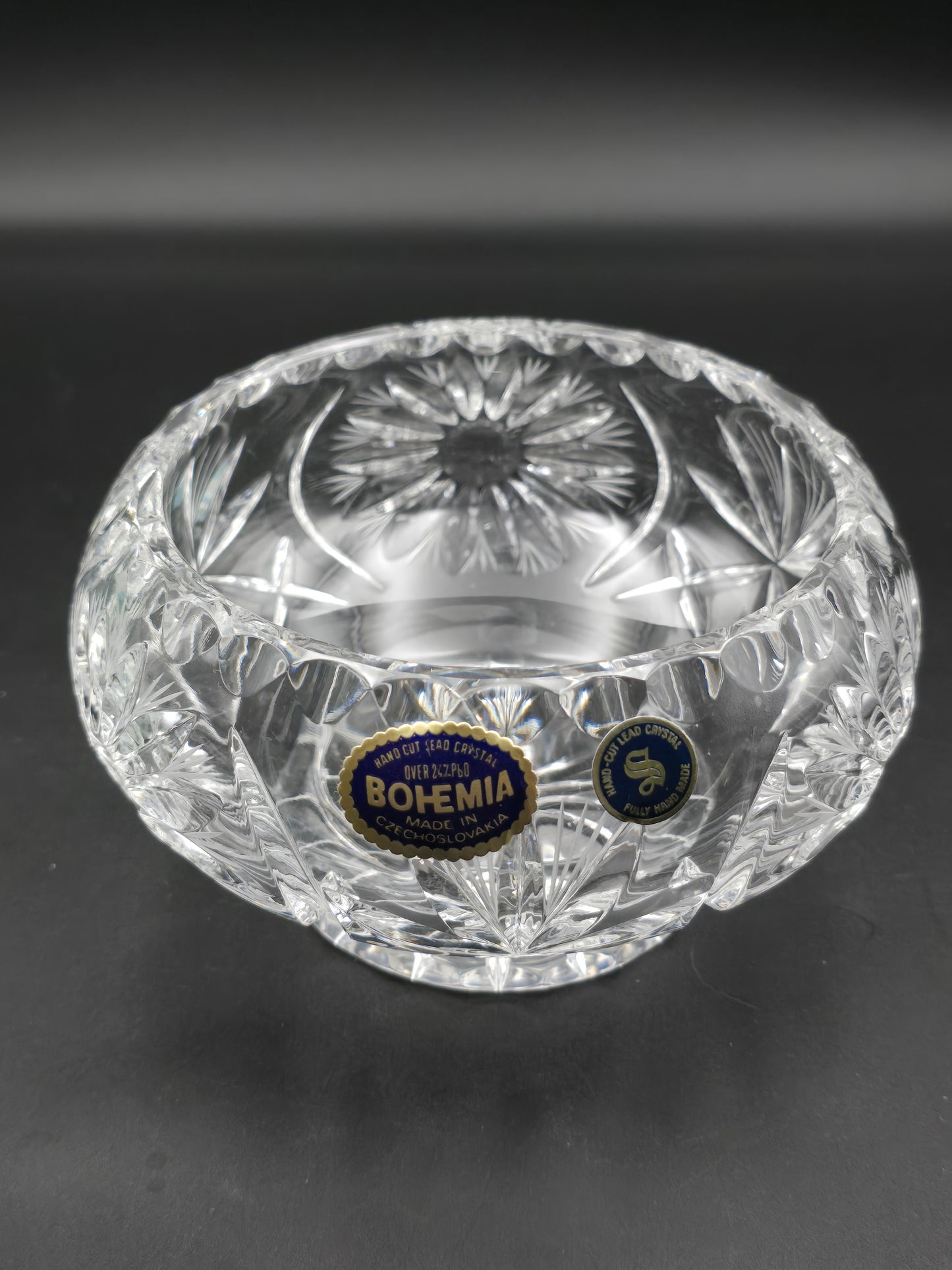 Bohemia Lead Crystal Rose Bowl with Double Mesh Frog – 6” Boxed, Hand Cut Star Base, Made in Czechoslovakia