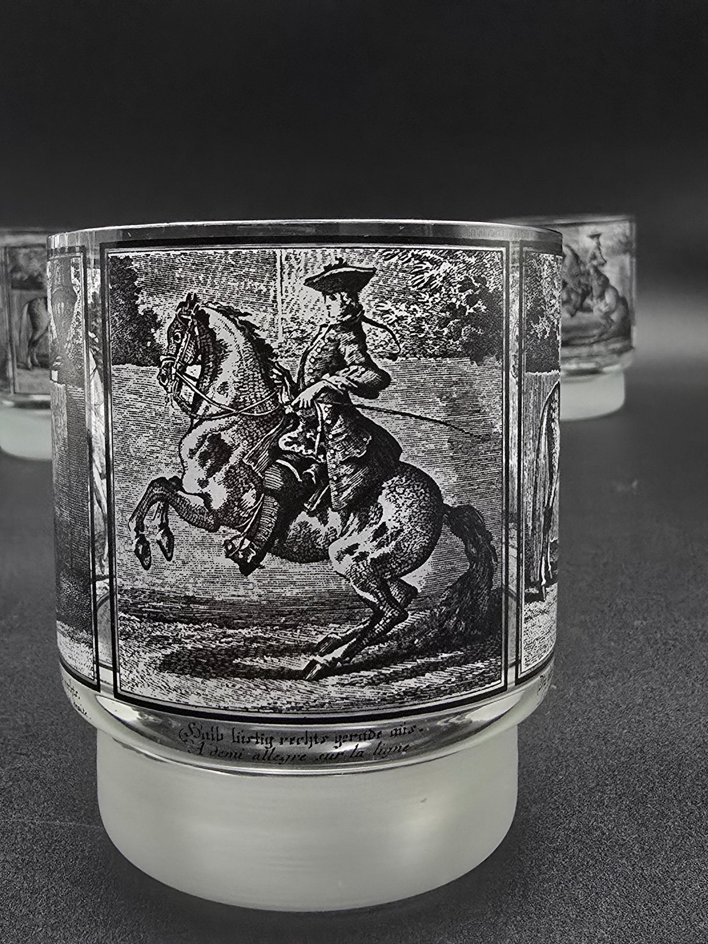 Six Mid Century Vintage Kurt Hammer Horse Riding Tumblers – Bavarian German Frosted Glassware, 8oz Folk Art Crystal Set