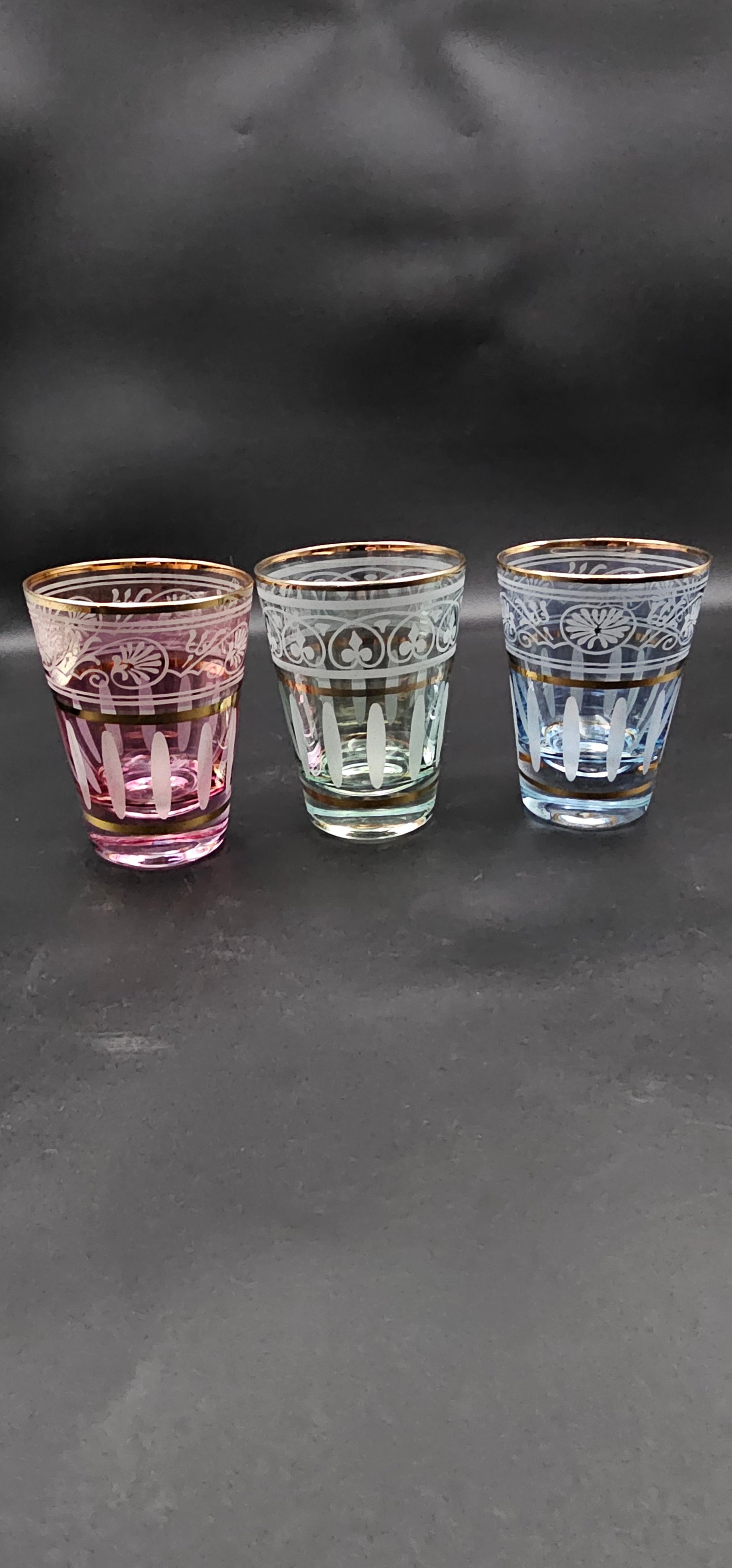 Trio of Coloured Tumblers with Gold coloured banding