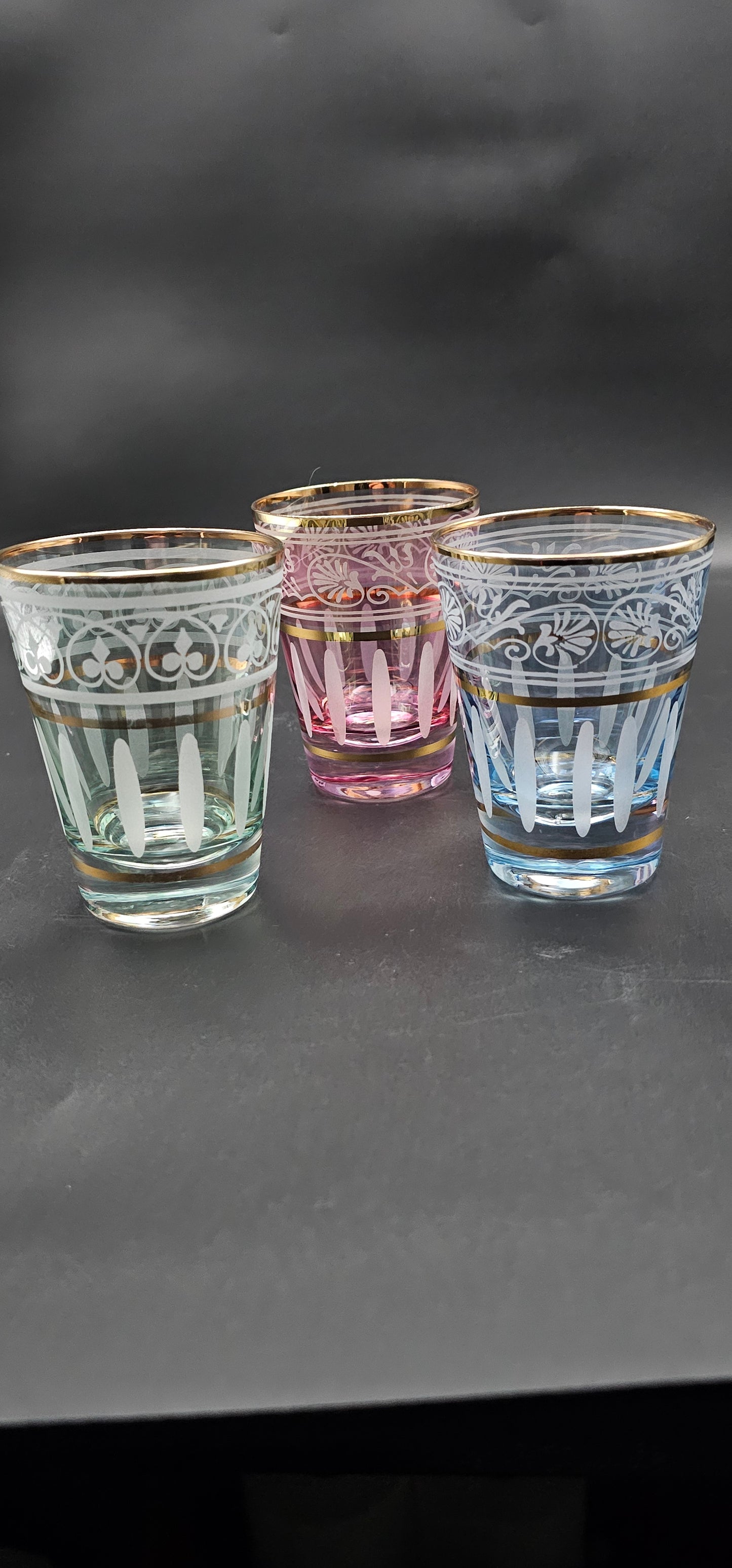 Trio of Coloured Tumblers with Gold coloured banding