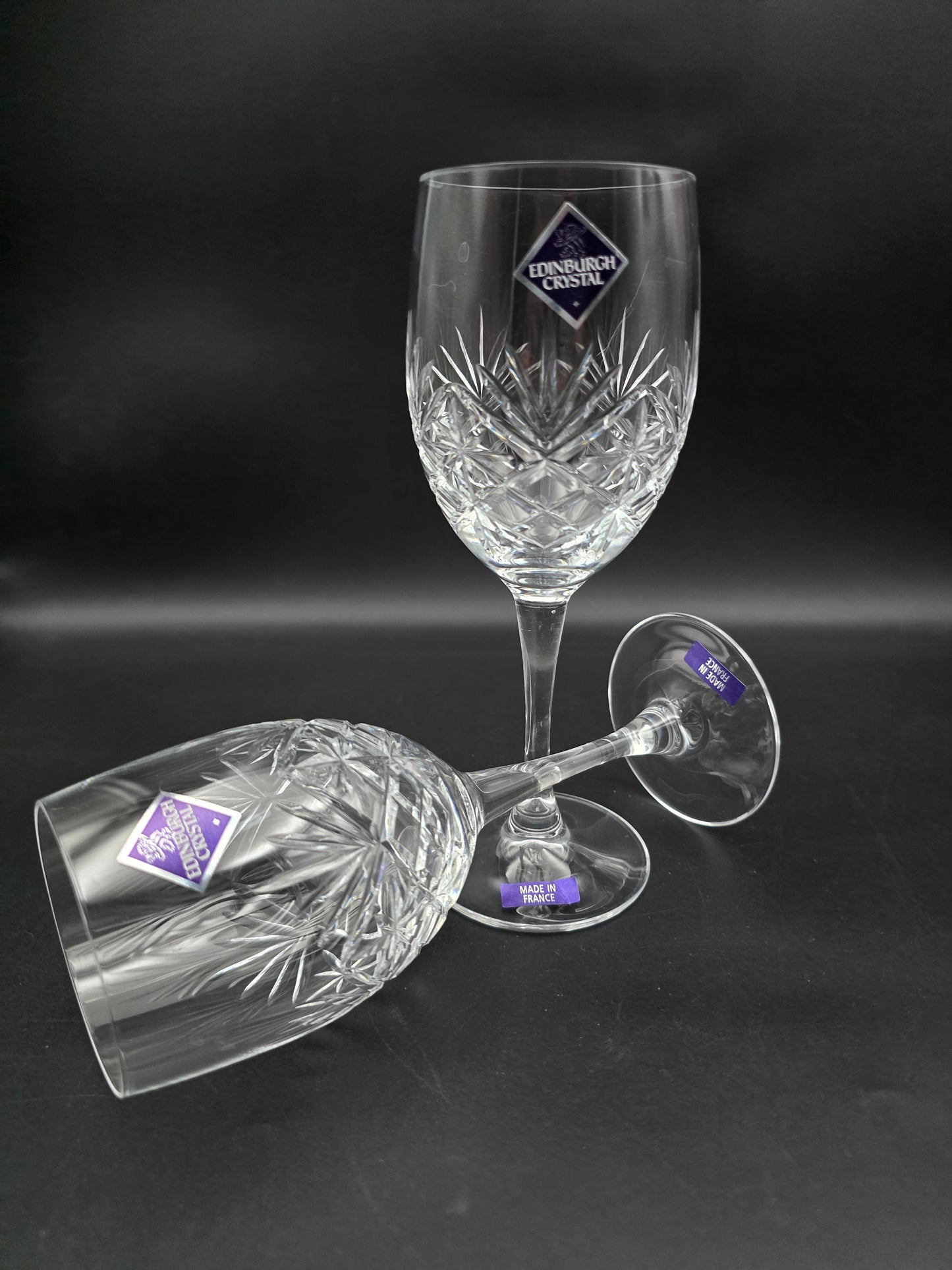 Pair of Large Edinburgh Crystal Duet Pattern Crystal wine glasses 250ml 18.5cm tall.