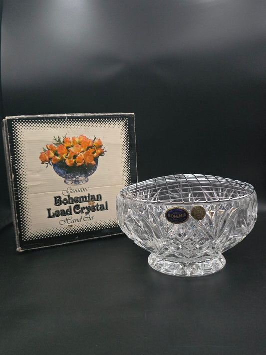 Large 8" Bohemian Lead Crystal Rose Bowl – 24% Hand-Cut Crystal, Heavy 1.8kg, Vintage Czech Centrepiece Vase