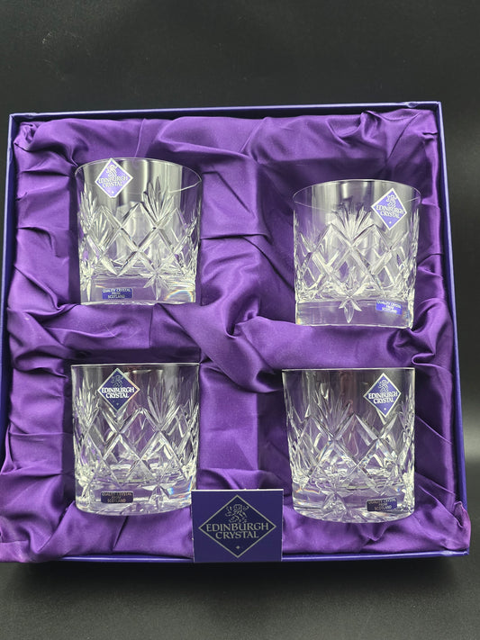 Set of 4 Edinburgh Crystal Kelso 10 oz Tumblers – Star‑Pattern Base, Boxed & Stickered, Scottish Cut Glass
