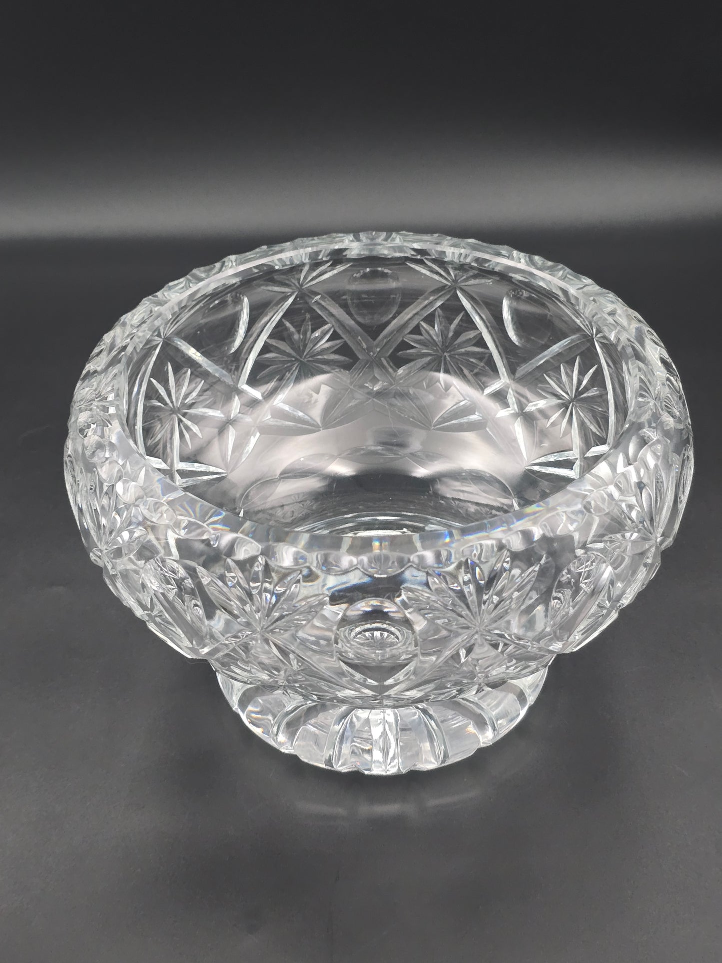 Vintage Heavy Cut Crystal Rose Bowl with Flower & Thumbprint Design, Star-Cut Base, 7.5" Wide, 2.57kg