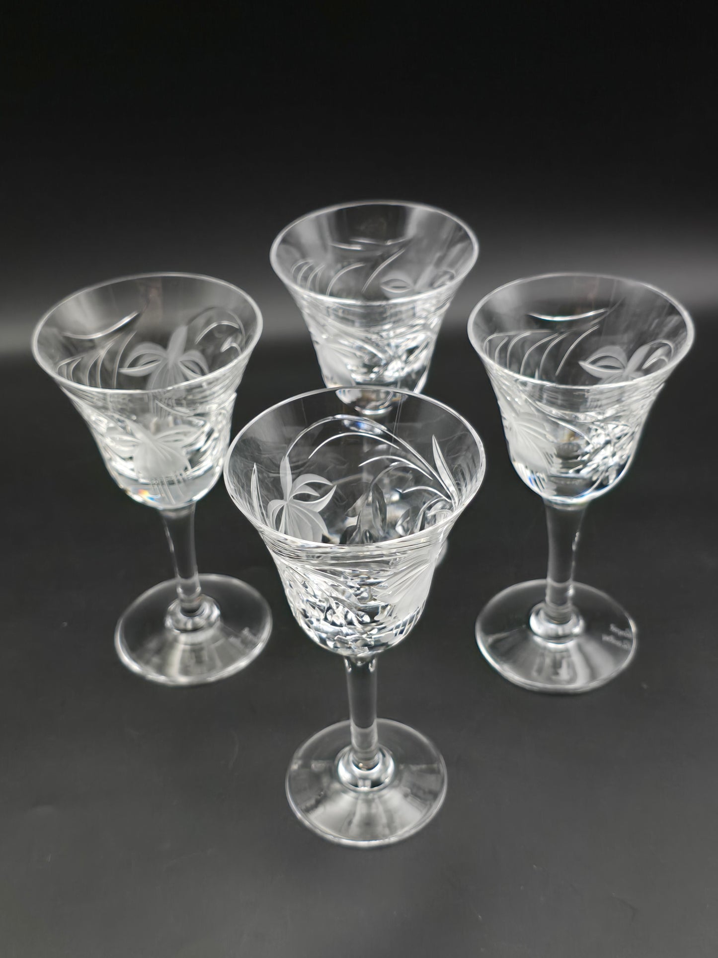 Set of 4 Royal Brierley Fuchsia Pattern Crystal Sherry or Port Glasses – 80ml – Signed, Heavy, Vintage English Crystal