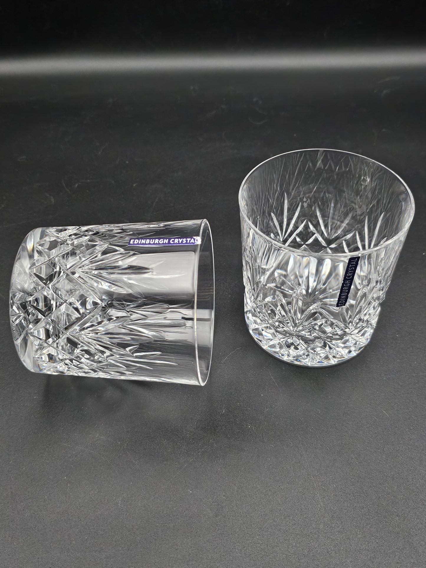 Pair of Edinburgh Crystal Tay Pattern 9oz Whisky Tumblers with lables Boxed