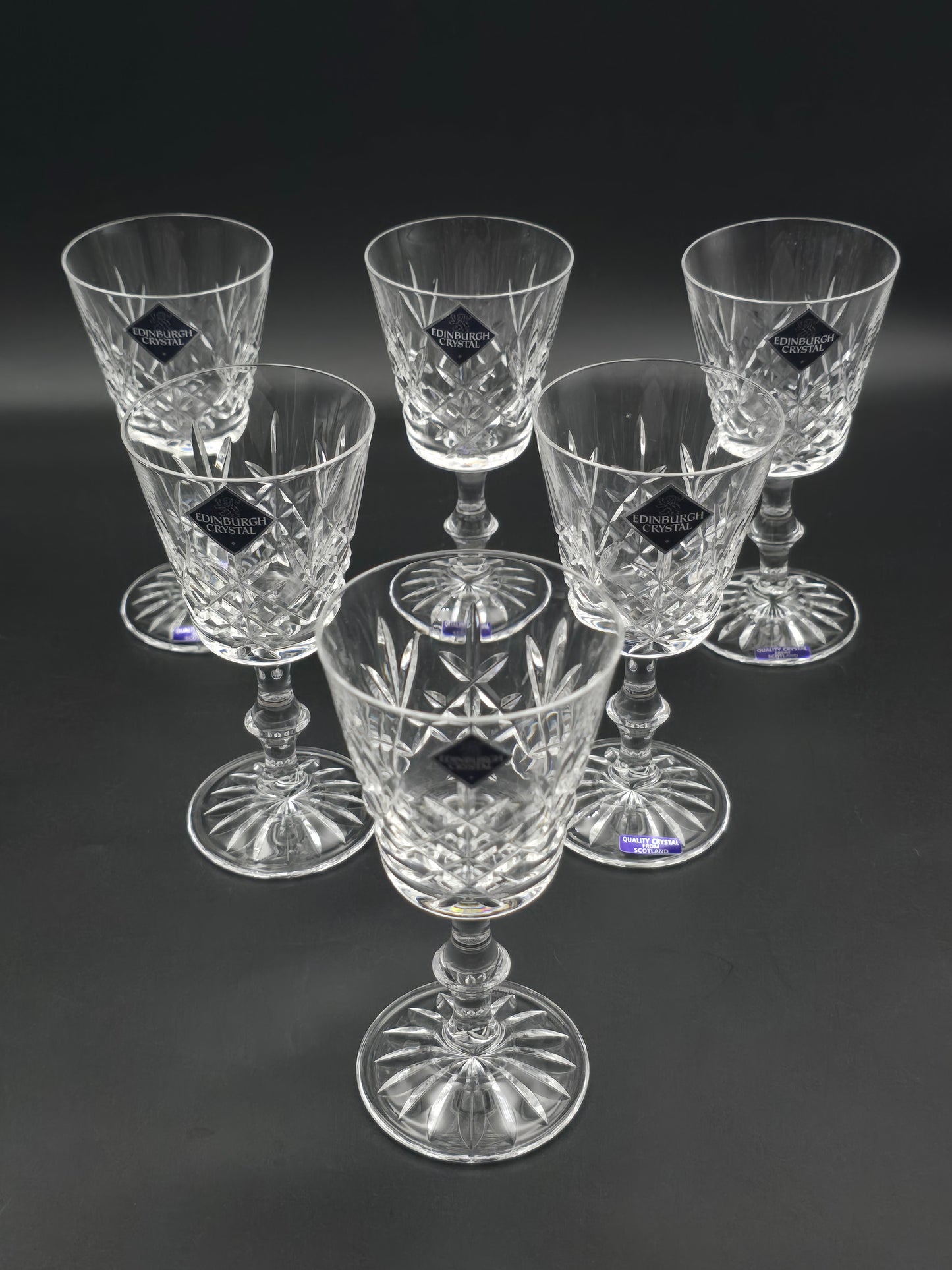 Set of 6 Edinburgh Crystal Lomond‑Pattern Port/Wine Glasses – Knopped Stem, Original Stickers & Box – 125 ml