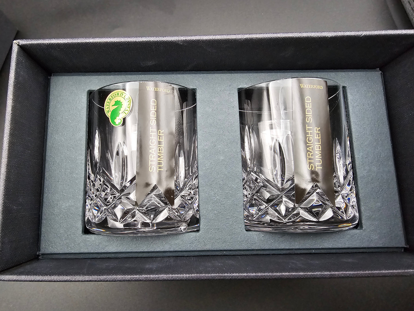 Waterford Crystal straight sided tumblers pair Lismore pattern. Boxed 7oz