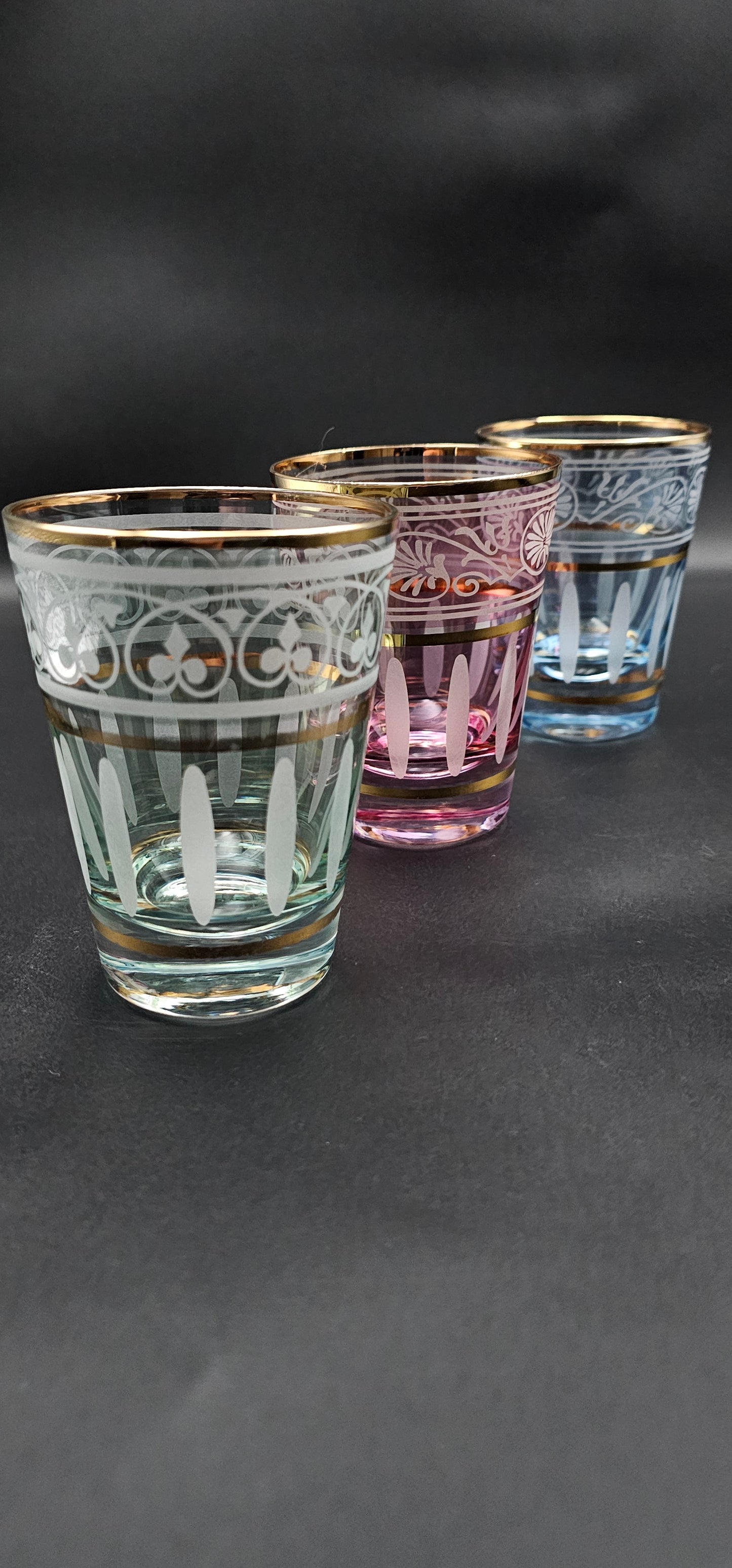 Trio of Coloured Tumblers with Gold coloured banding