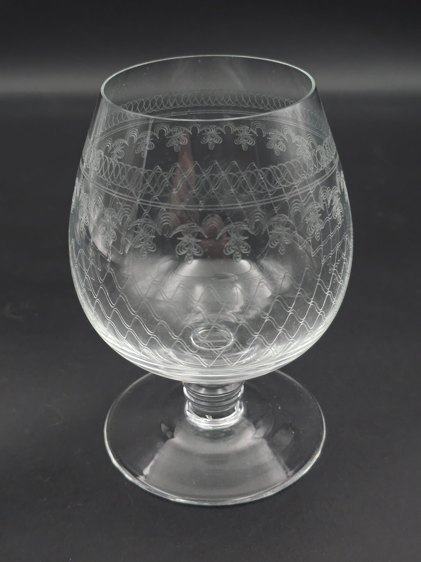 Set of 4 large, fine etched Crystal Brandy glasses. 13oz