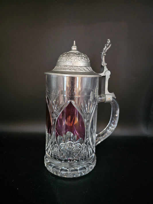 Crystal Beer Stein with Pewter Lid & Purple decoration