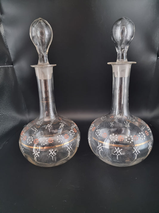 Antique Hand Blown Glass Decanter Carafes - Set of 2